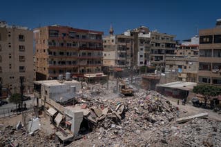 Aftermath of an israeli airstrike where 30 people died is seen on April 23, 2026 in Tyre, Lebanon